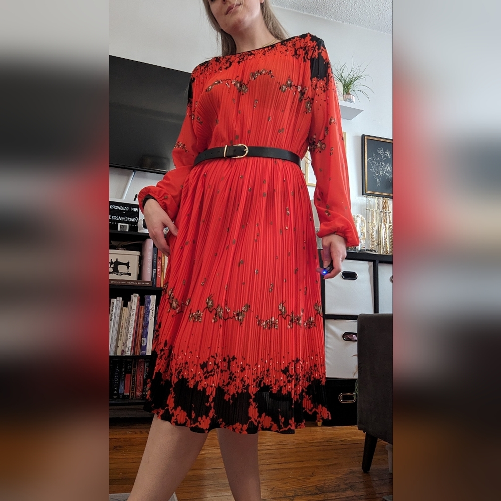 Vintage 1970's Poly Plisse Micro Pleated Cherry Blossom Dress
